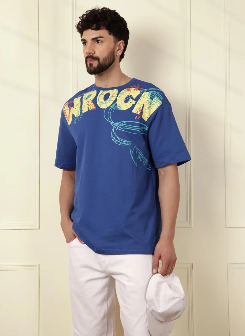 روجن Heavy GSM Placement Print T-Shirt | Blue